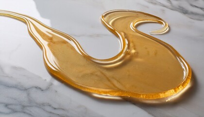 Viscous honey trail across a white marble surface, golden reflections glistening under natur 