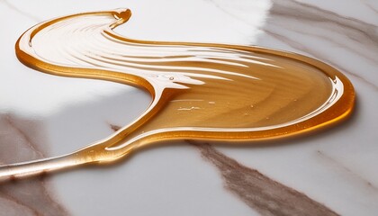 Viscous honey trail across a white marble surface, golden reflections glistening under natur 