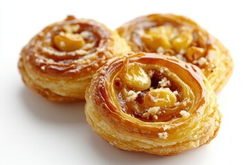Freshly baked pastry rolls with a golden crust, garnished with nuts, on a white background