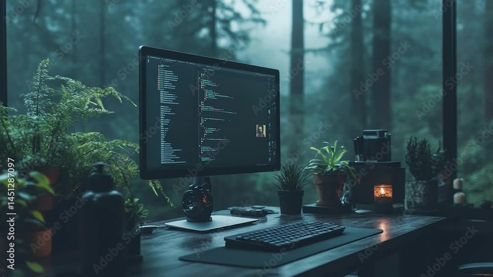 Poster a dark desk with computer and code, surrounded by potted plants and a blurred forest background. evo