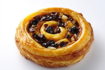 Freshly baked pastry swirl with rich chocolate and dried fruit filling on a white background
