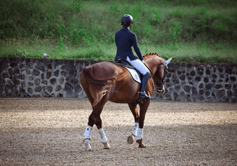 Young woman riding a horse in a dressage competition
