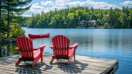 Two adirondack chairs on a wooden dock overlooking a peaceful lake in muskoka, ontario, canada with a red canoe tied to the pier and scenic view of forested shoreline with cottages nestled among lush  © Nasreen