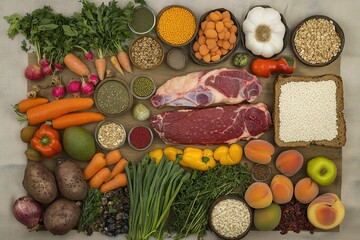 A variety of fresh, colorful fruits and vegetables including carrots, avocados, tomatoes, herbs, garlicscape on wooden table with whole pieces of meat like steaks or fish next to it