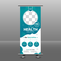 Professional health care and medical roll up banner design, stand design, advertisement, flyer design, display vector illustration.