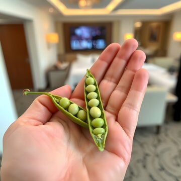 Estoy sosteniendo frijoles en una mano en el hotel. Es la palma de tu mano. Es 3D.