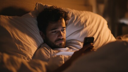 Obraz premium Man using smartphone in bed at night