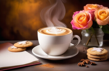 Illustration of Cup of Coffee with Latte Art, Cookies, and Roses - Cozy Cafe Scene with Warm Lighting