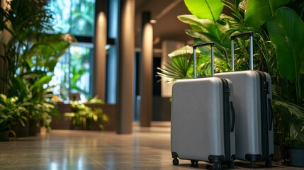 Two large gray suitcases standing in modern hotel lobby with tropical plants and waiting area, vacation travel baggage near reception zone
