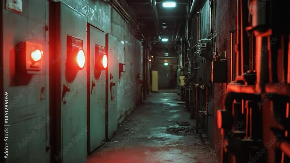 Poster Dark industrial corridor with emergency lights and pipes creating a moody ambiance. Red and green tones contrast with the dark setting of a long hallway