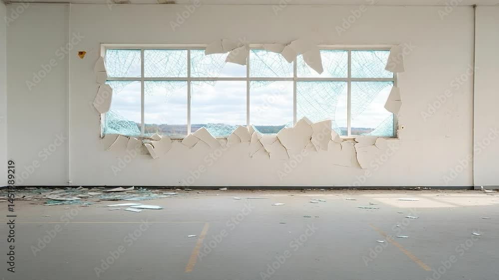Poster interior view of a building with broken windows and peeling paint. light streams through the broken 