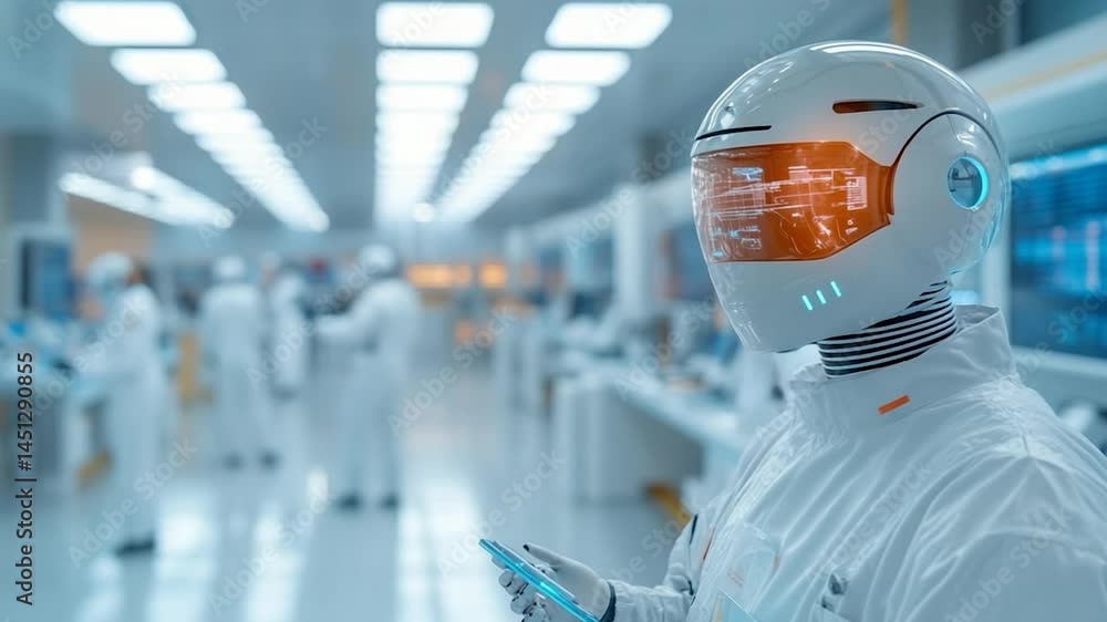 Poster futuristic robot with a white helmet and orange visor in a bright laboratory setting. the robot hold
