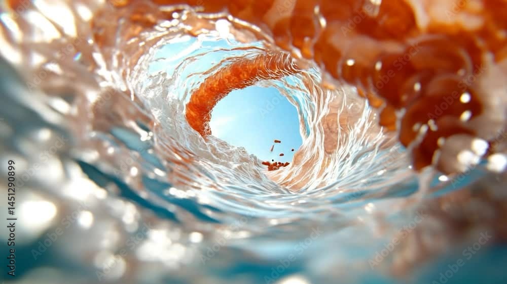 Poster abstract tunnel of water and organic matter with blue sky view. water flows around an opening where 
