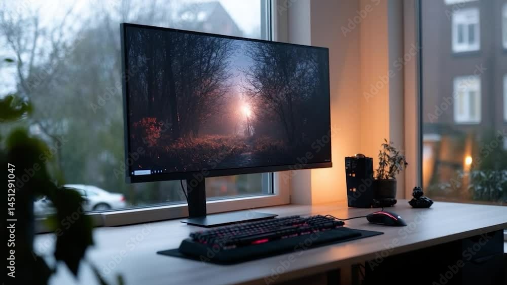 Poster Interior shot of a modern workspace with a computer monitor on a wooden desk featuring a forest image The scene is near a window with city and green plant