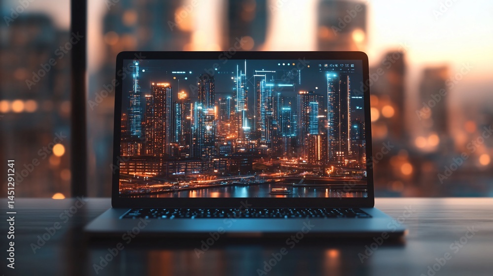 Aufkleber laptop displaying futuristic cityscape with illuminated buildings and data streams