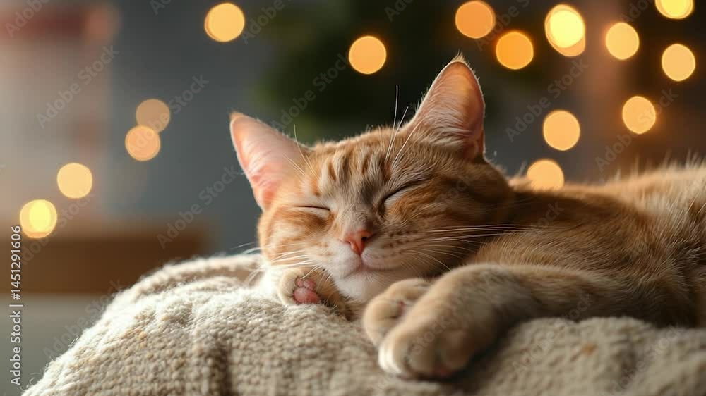 Poster Generic cat sleeping peacefully on a soft, textured blanket. Warm lighting with blurred bokeh lights in the background create a cozy atmosphere