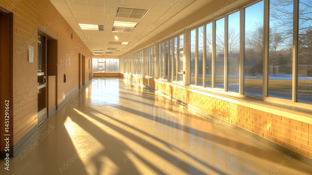 Poster sunlight streaming into an empty hallway with brick walls and windows