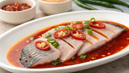 Hwe is a Korean dish of raw fish with a spicy sauce
