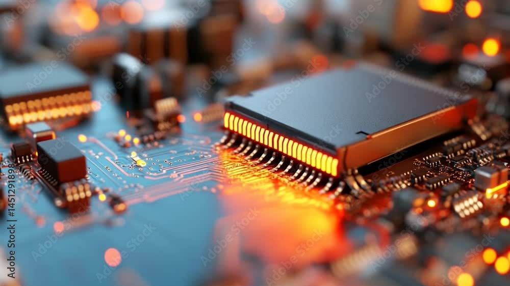 Poster close-up of a detailed circuit board with glowing orange and yellow lights highlighting the componen