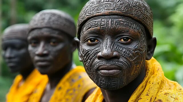 African tribal men, intricate face and head adornments