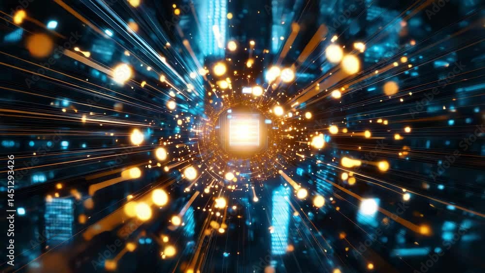 Poster glowing digital chip with light streaks and bright particles creating dynamic futuristic effect