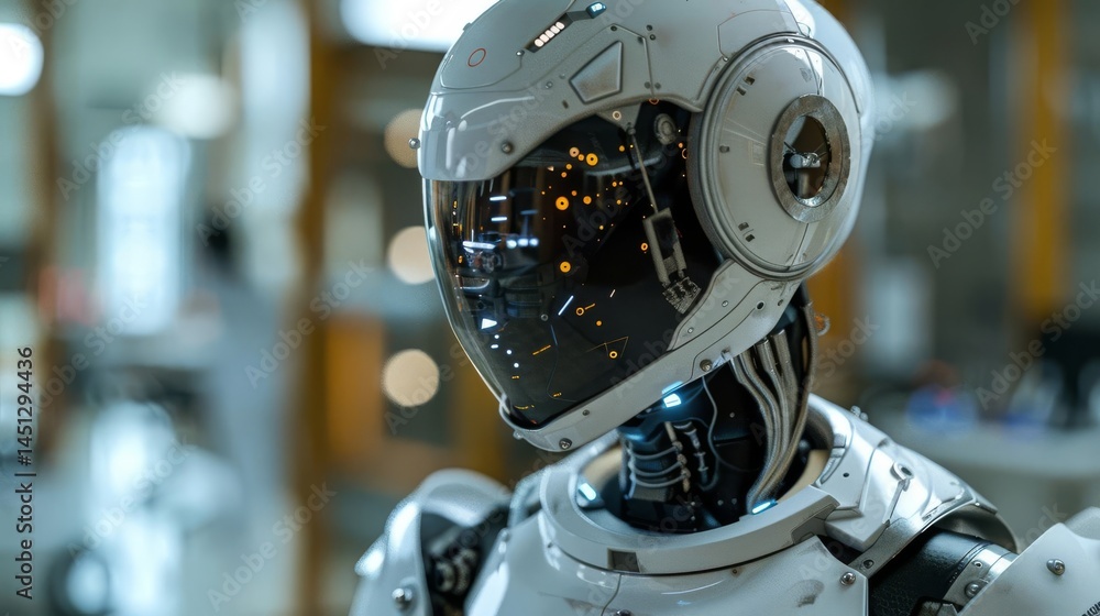 Poster futuristic humanoid robot with sleek metallic body and advanced artificial ligence technology standi