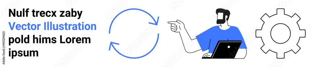 Poster man gesturing toward circular process and gear icon with laptop emphasizing collaboration, process i
