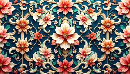 Elegant floral damask pattern, intricate scrollwork and blossoms , blossom, texture