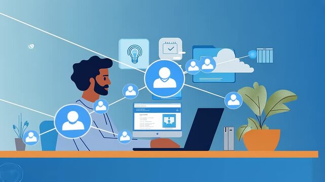 Professional man working on a laptop with digital icons representing cloud computing and collaboration