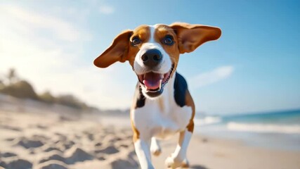 Happy beagle dog running on sandy beach with blue sky ocean background pet animal dog running happy