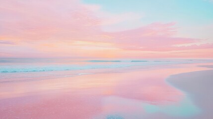 Fototapeta premium Serene pastel beach landscape at sunset with soft waves and colorful sky reflecting on tranquil water surface during golden hour