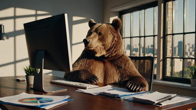 A whimsical video concept featuring a bear at a desk in an office setting. The side angle captures the bear in a human-like pose, creating a humorous scene.