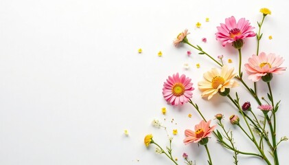 Delicate, scattered wildflowers on white background, design, background, nature