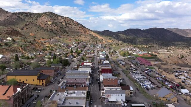 Virginia City Nevada - Low Aerial Flyover over C Street on Spring Day