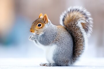 Obraz premium A grey squirrel stands alert on a snowy surface, its tail curled up, with a blurred natural background.