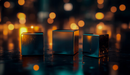 3D rendering of three metal cubes in various shapes and vibrant colors, set against a dark background with soft, blurred ambient light and reflective surfaces.