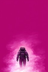 A lone astronaut stands in a glowing pink mist, surrounded by a vibrant magenta background.