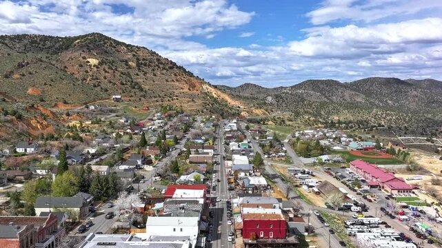Virginia City Nevada - Aerial Timelapse of town with moving clouds and cars on C Street