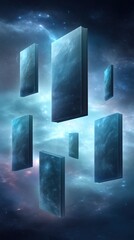 Floating rectangular slabs with cosmic textures hover in a star-filled, mysterious space environment.