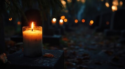 Candlelight vigil in a cemetery, illuminating tombstones with flickering warmth