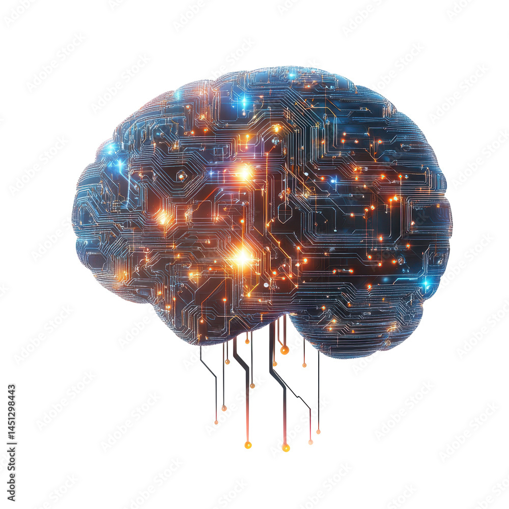 Poster an ai brain made of glowing wires and circuits, with streams of data flowing through it. isolated on