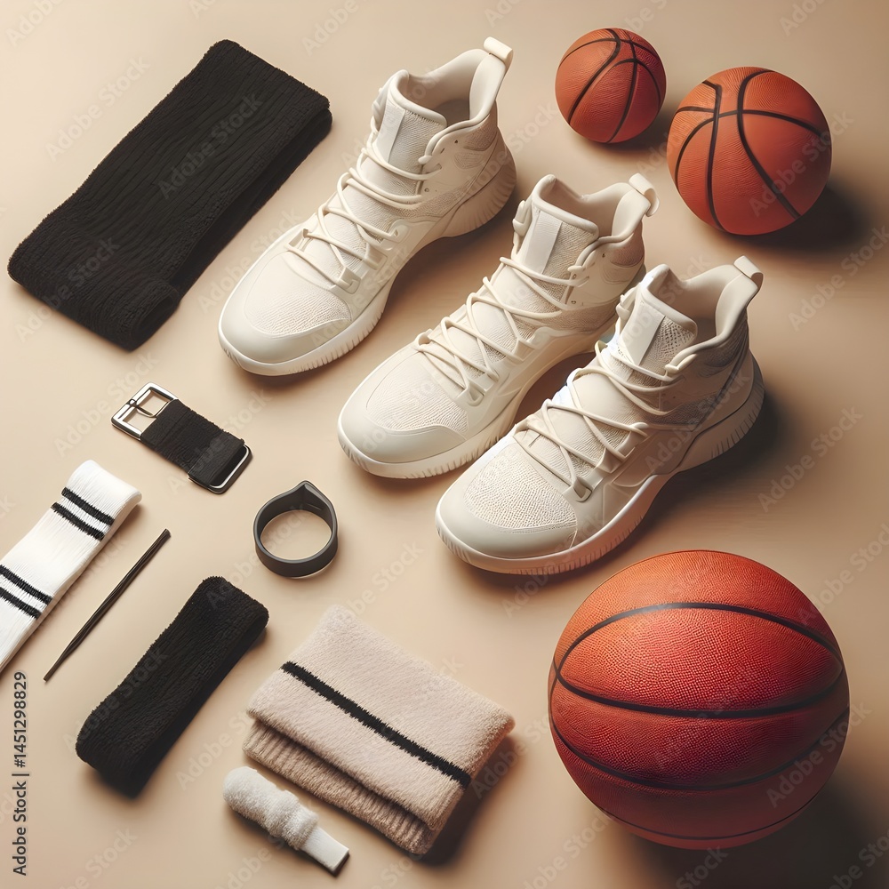 Poster lifestyle mockup of unbranded basketball products arranged neatly on beige background with crisp com