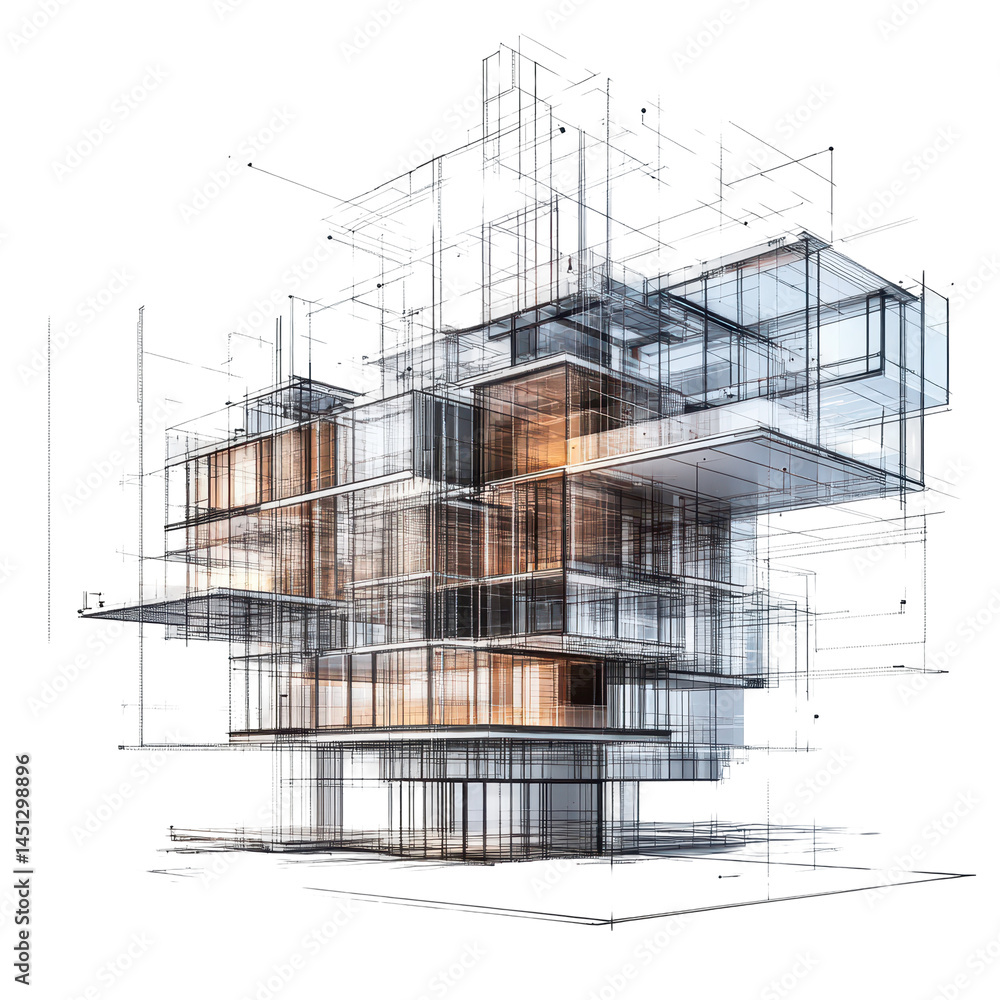 Poster an ai helping to design architecture, visualizing building structures in 3d. isolated on white backg