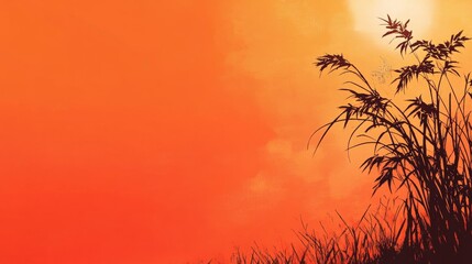 Sunset Silhouette of Plants on red background