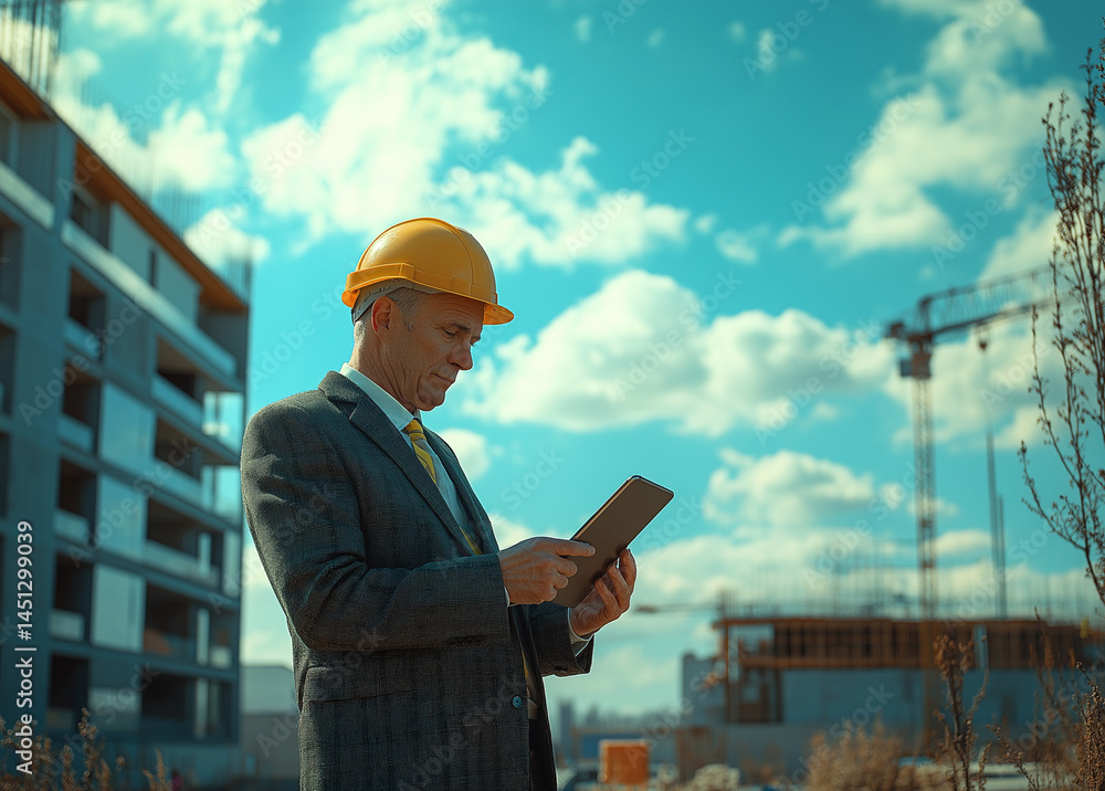 Aufkleber concept of an architect with a tablet at a construction site