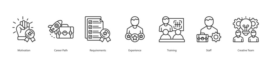 Career Development icon sheet vcetor motivation, career path, requirements, experience, training, staff, creative team