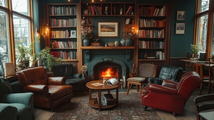 Cozy elegant living room with fireplace surrounded by tall bookshelves filled with books, comfortable vintage armchairs, warm lighting, and decorative plants