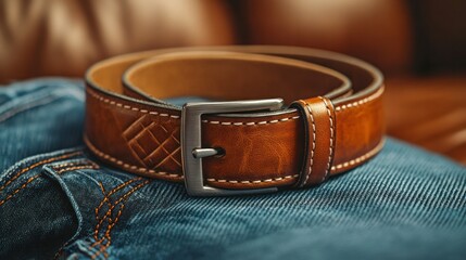 Close-up of a classic brown leather belt with silver buckle resting on denim jeans in a warm indoor setting showcasing durable stylish men's fashion accessory