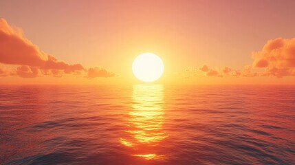 Stunning sunset over calm ocean water with warm glowing sun reflecting on the surface and vibrant orange cloud-filled sky creating a tranquil maritime scene
