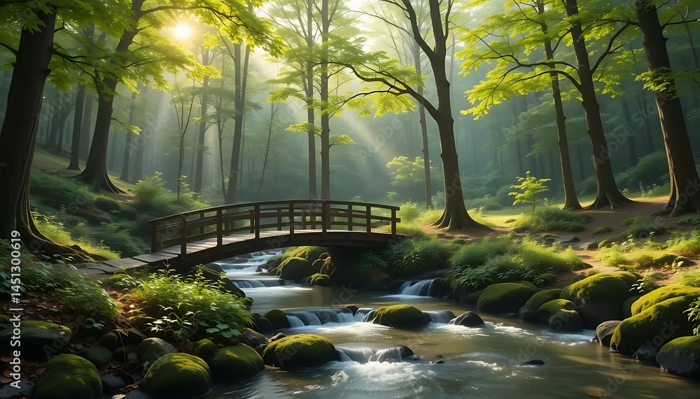 Poster sunlight streams through forest canopy onto a wooden bridge over a gently cascading stream.